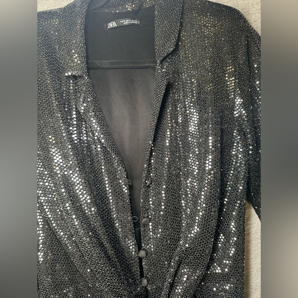 Zara Black Button Front Sequin Detail Lined Romper Holiday New Years Eve Size M - Picture 2 of 8
